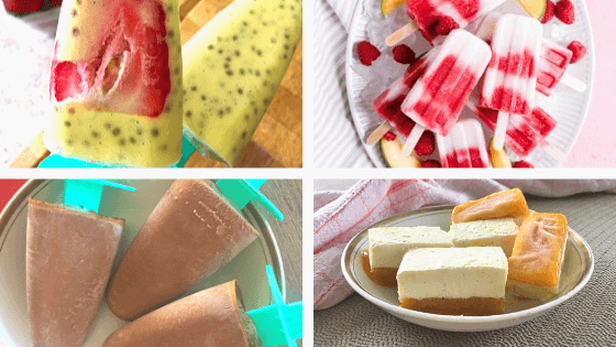 Frozen treats blog header showing choc paddle pops, mango chia brekkie pops, raspberry coconut pops and mango ice cream bars