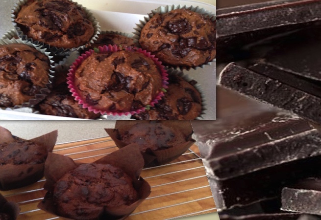 collage of chocolate muffins and chunks dark chocolate