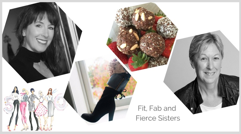 Blog header with Karen, Wendy, FF graphic, shoe and bliss balls