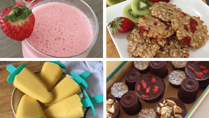 Easy healthy snacks blog header with a smoothie, cookies, chocolates and popsicles