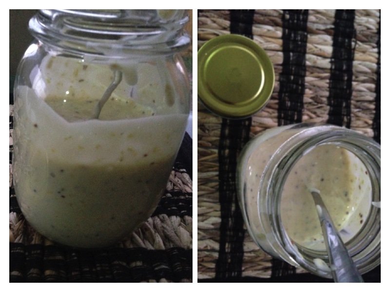 2 different angle shots of home made mayo in a mason jar