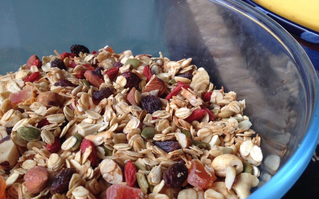 toasted muesli in a large glass bowl 1