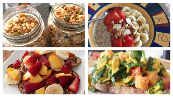 Breakfasts blog header with muesli, porridge, pancakes and turmeric scrambled eggs