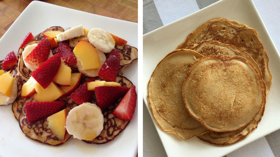 collage with plain pancakes and pancakes topped with fruit