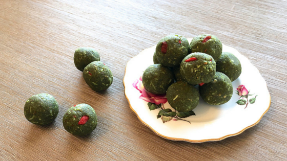 Matcha protein balls on a plate 3