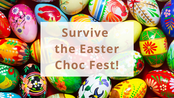 "Survive the Easter choc fest" overlaid on Easter eggs flatlay blog header