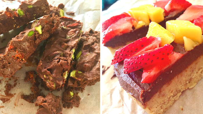 Chocolate treats header image showing pistachio log and strawberry choc slice