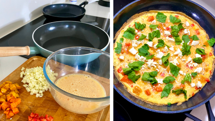 blog header image showing omelette ingredients and the omelette being cooked in a frypan