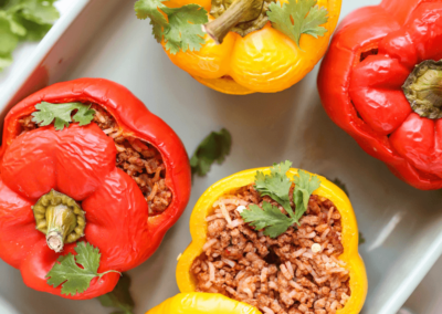 Mexican stuffed peppers in a baking dish
