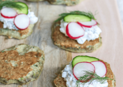 Pre workout protein pancakes topped with cottage cheese, cucumber and radish slices