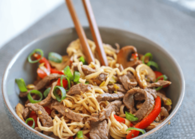 A bowl of quick beef chow mein, with chopsticks