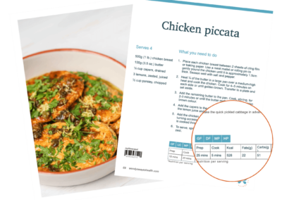 Recipe image and instructions with magnified cutout showing nutrition info 5 ingredient pack