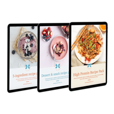 5 ingredient, high protein and dessert recipe pack covers on iPads