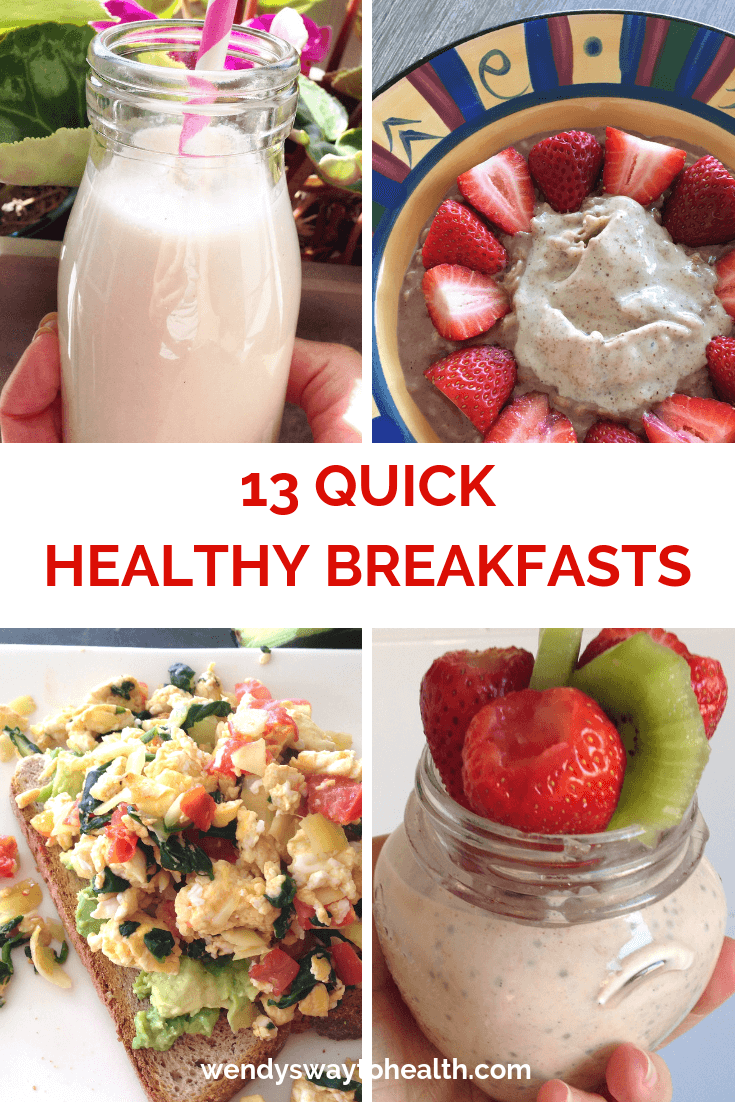 Pin image with a protein shake, overnight oats, porridge and egg & veggie scramble