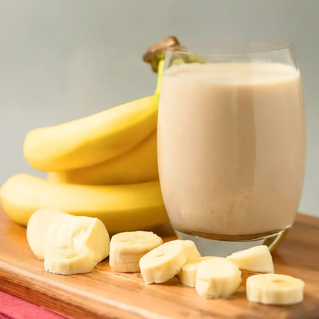 Banana protein shake in a glass on a chopping board with banana slices 