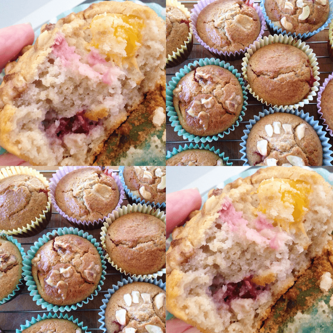 Try these healthier Greek yoghurt muffins with strawberry and peach filling.