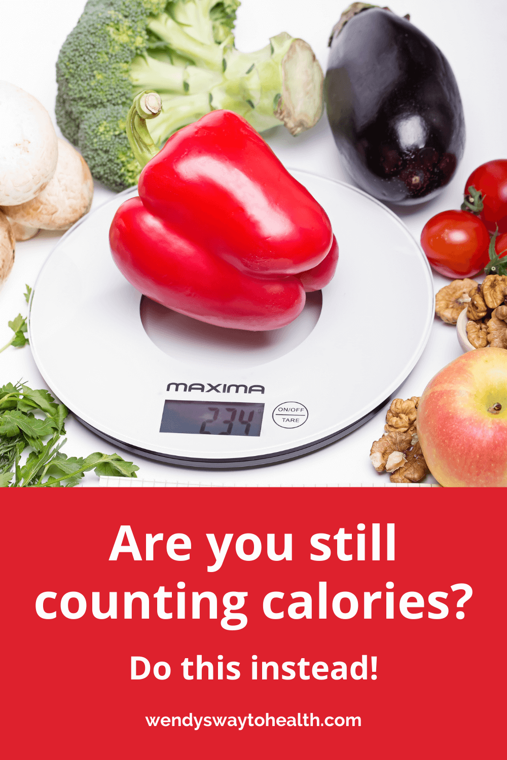 Food being weighed with text "Are you still counting calories?"