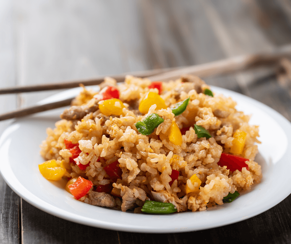 Close up of fried rice in a white bowl
