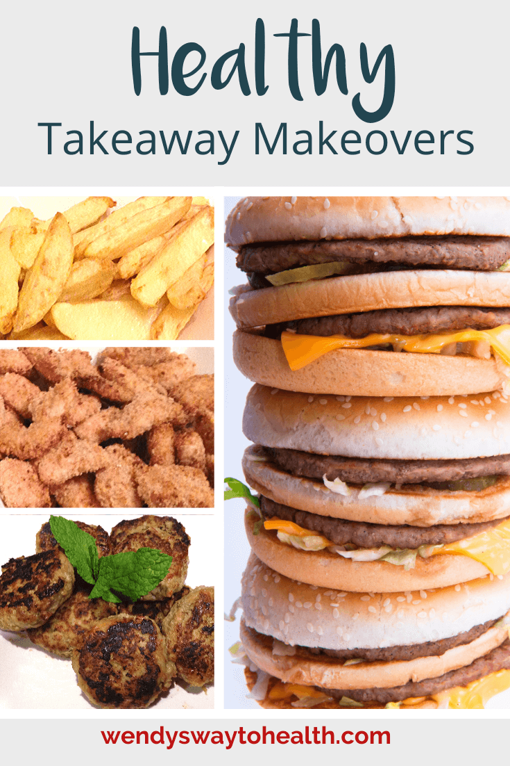 Healthy takeaways pin showing burgers, chips and chicken nuggets