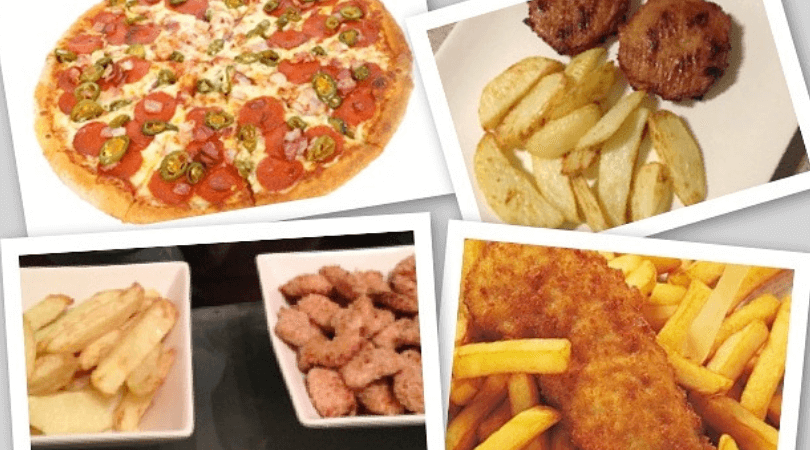 Pizza, chicken nuggets, fish and chips