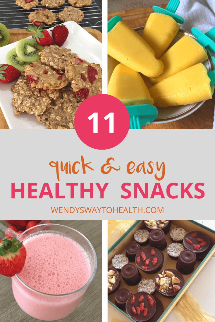 Healthy snacks pin with cookies, popsicles, chocolate and a smoothie