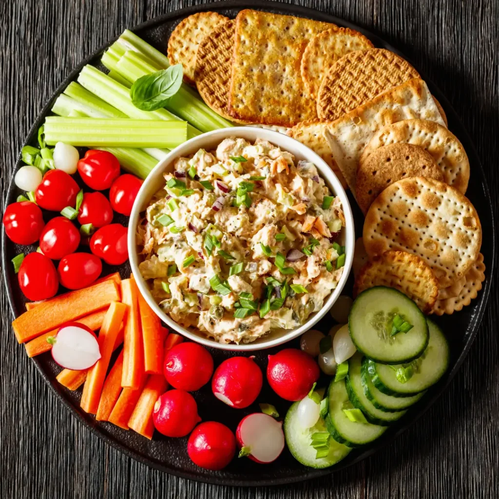 Small pot of salmon with crackers and veggie sticks