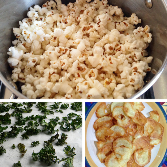 Home made popcorn, kale chips and potato chips