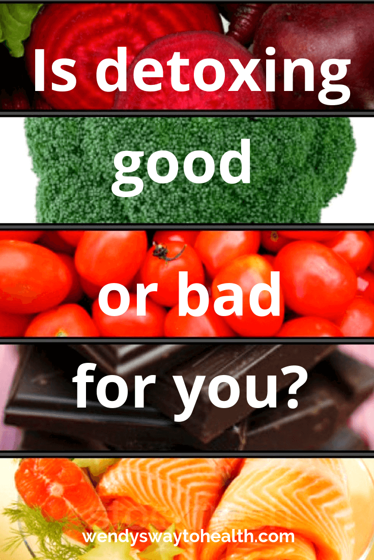 "Is detoxing bad for you?" on a background of beets, broccoli, tomatoes, chocolate and salmon