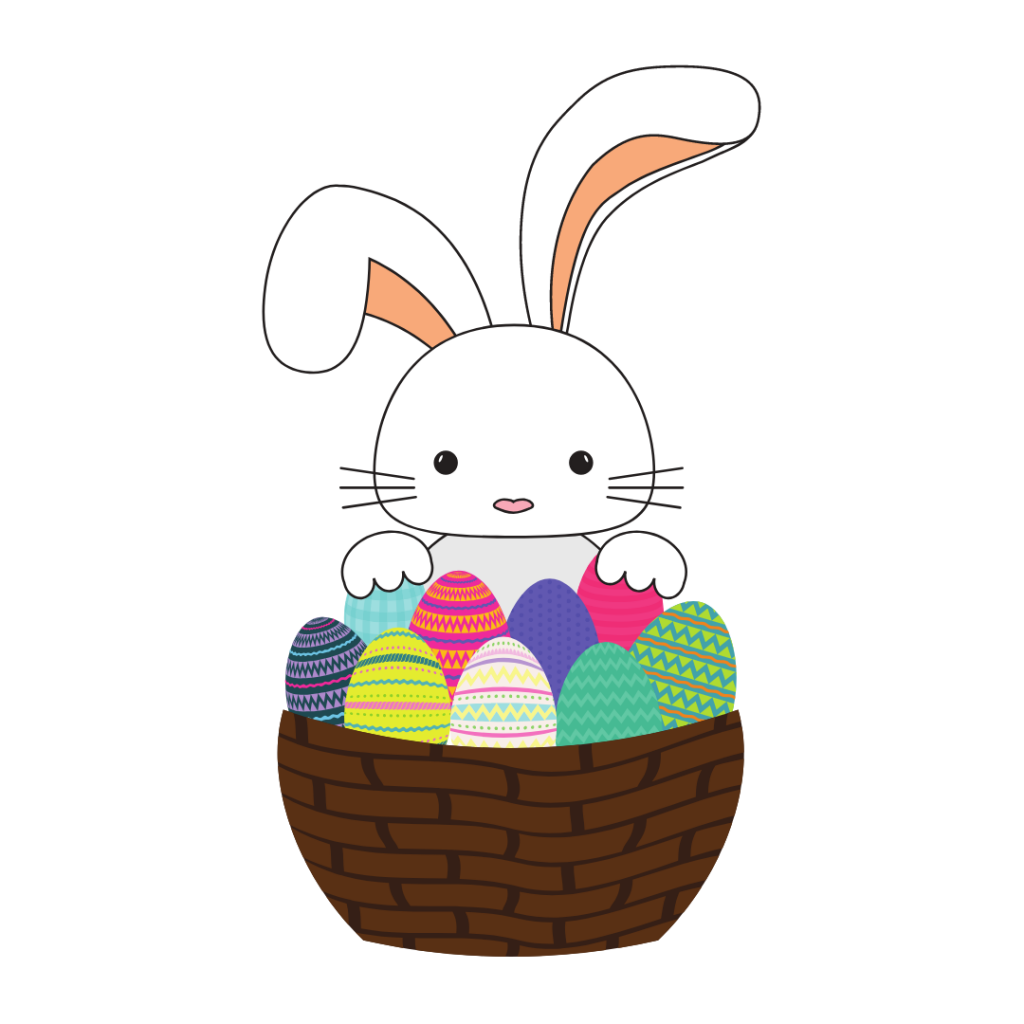 Illustration of a bunny with a basket of eggs