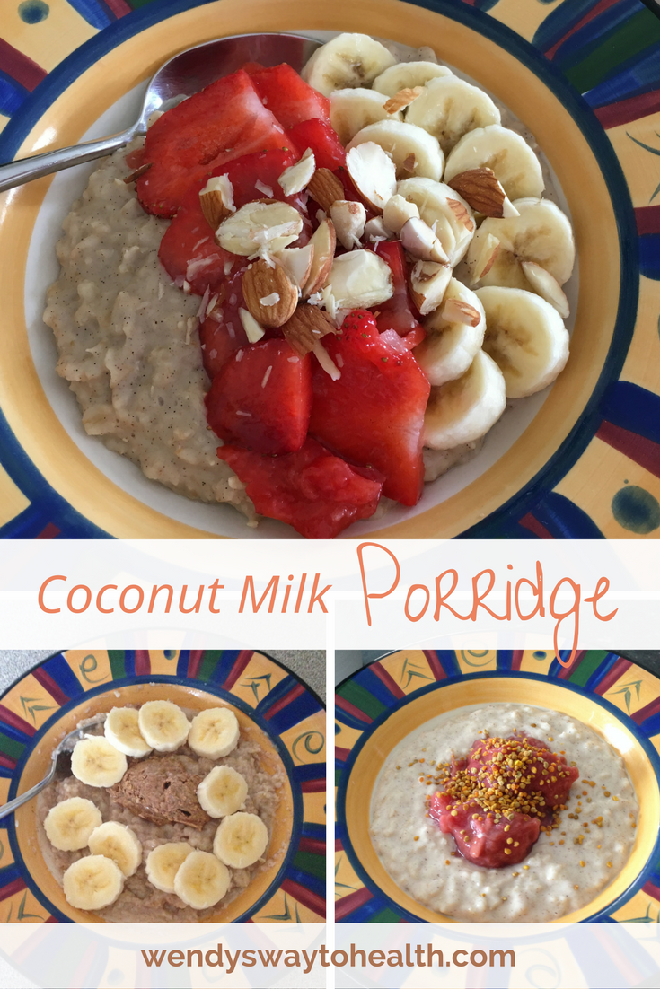 Coconut milk porridge pin featuring 3 different bowls of porridge