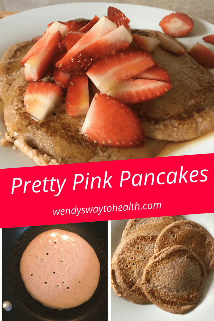 collage with pancake batter, plain pancakes and pancakes topped with fruit