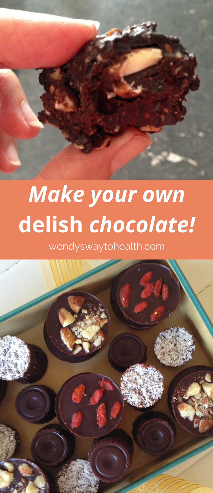 healthy chocolate pin image with a chocolate cluster, and a box of chocolates