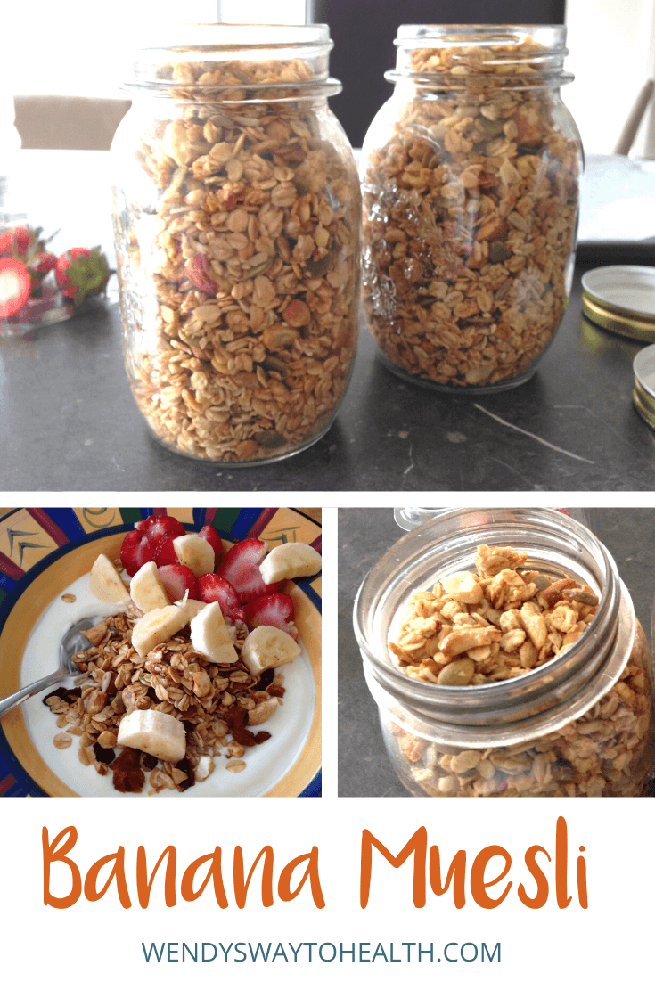 Images of banana muesli in jars and on top of a yoghurt bowl