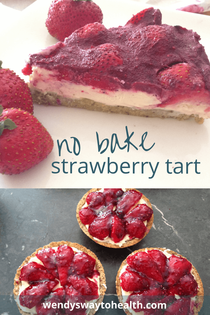 strawberry tart pin with images of single tarts and a slice of tart