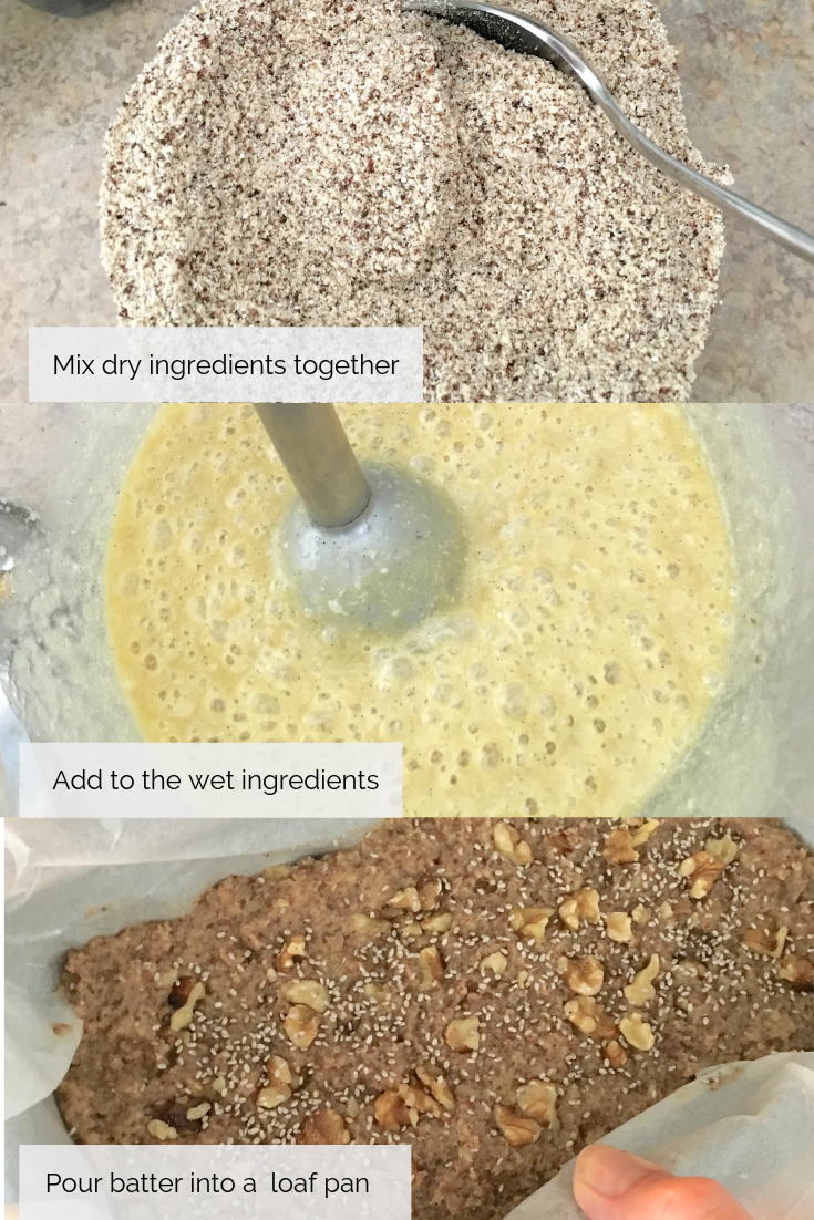 wet and dry banana bread ingredients in bowls, and putting loaf in the oven