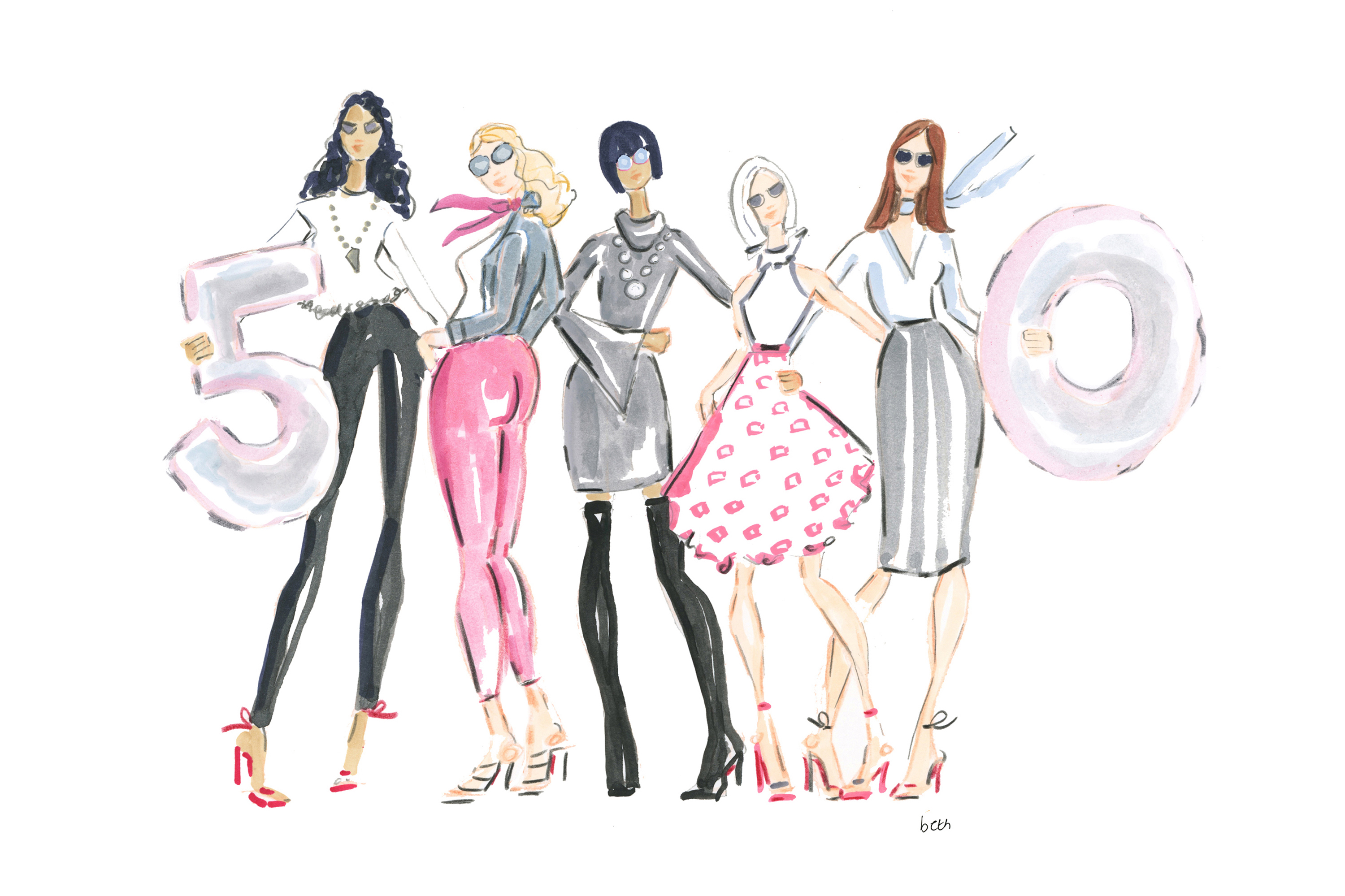 Illustration of 5 stylish women representing the Fierce 50