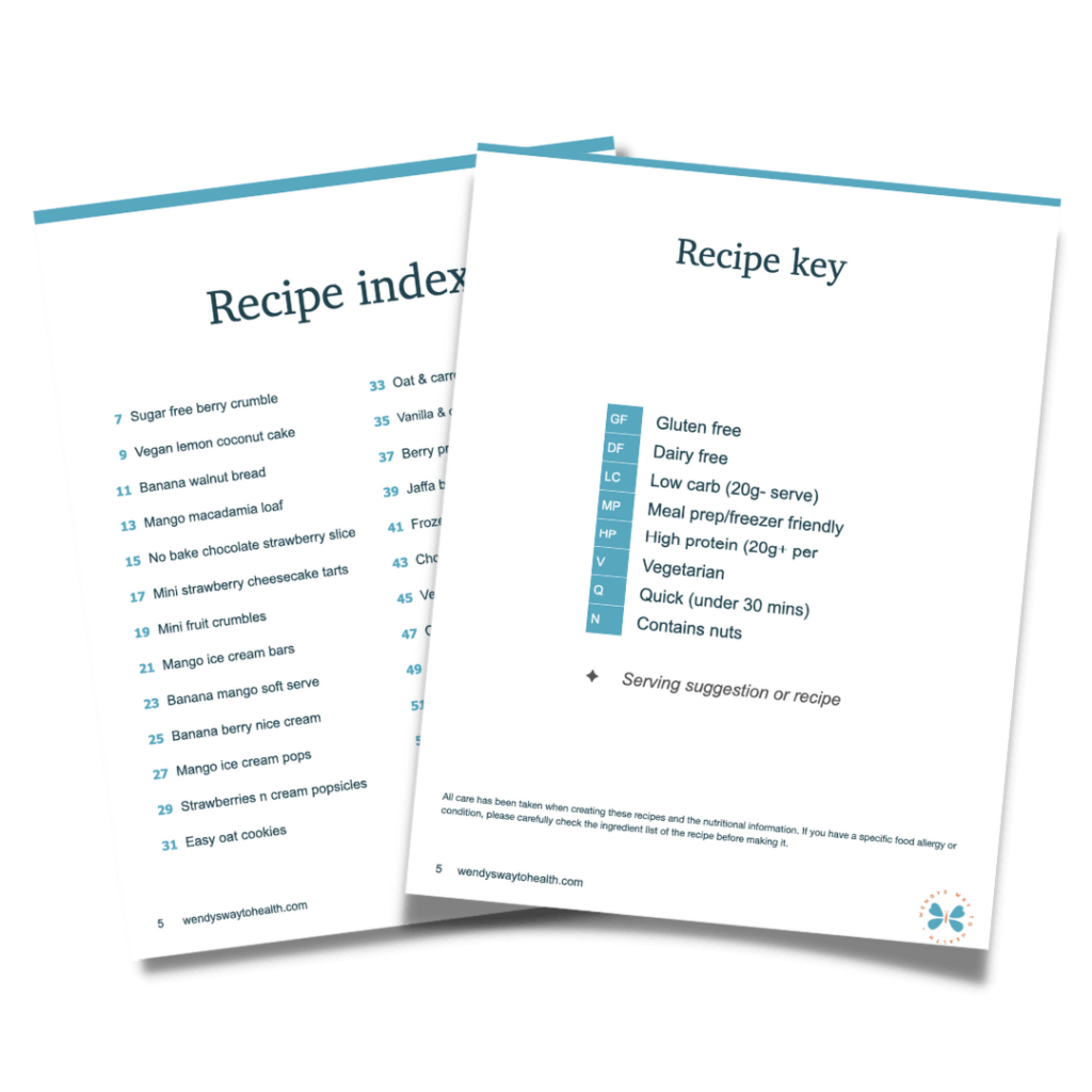 Dessert and snack recipe pack contents page and recipe key