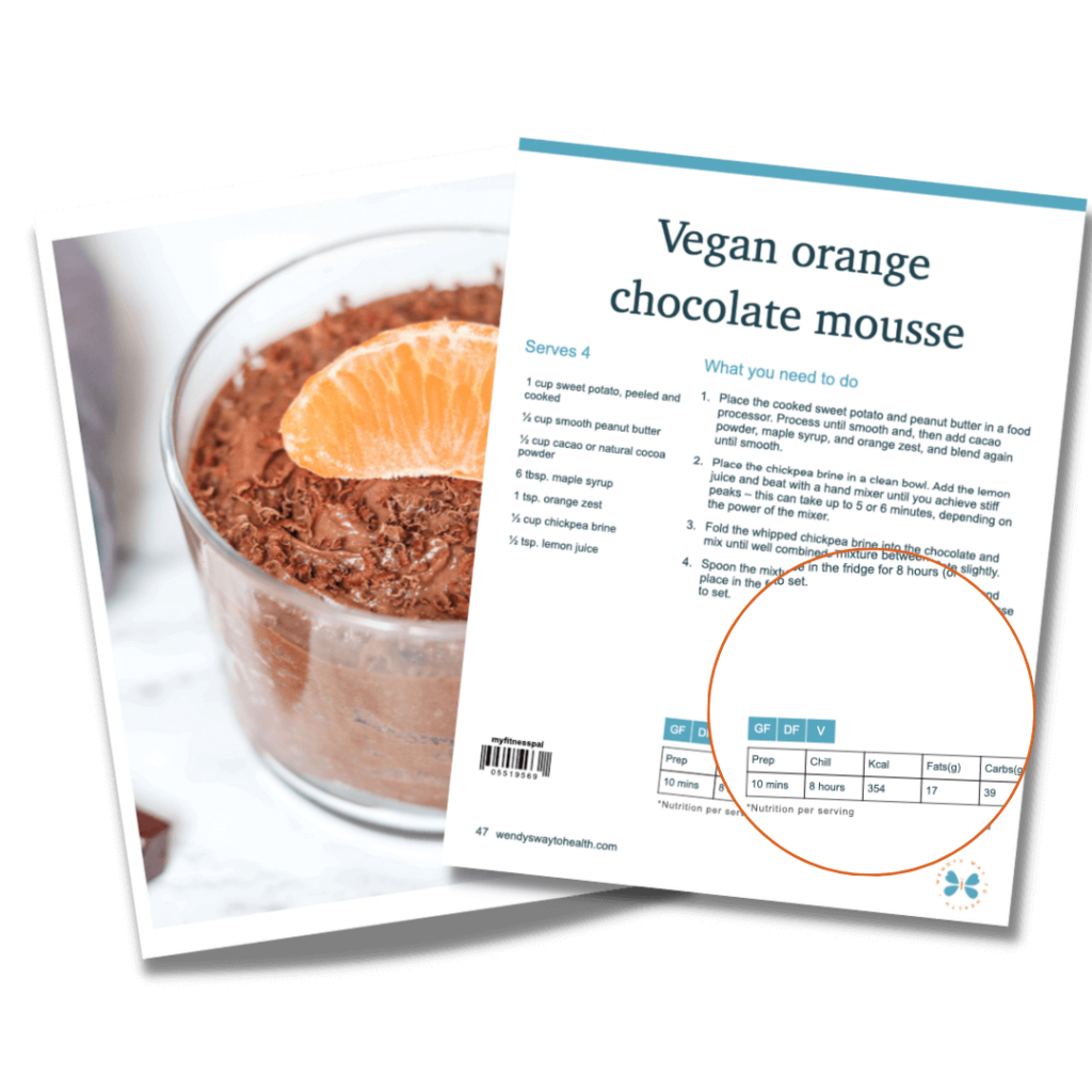 Recipe image and instructions with magnified cutout showing nutrition info dessert and snack pack