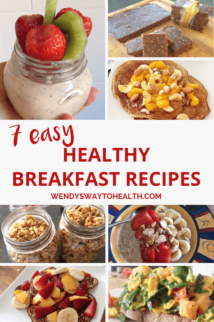 7 healthy breakfast pin with images of oats, eggs, pancakes, etc