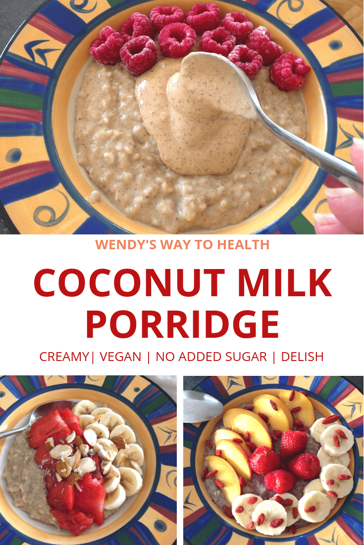 Coconut milk porridge pin featuring 3 bowls of porridge with fruit