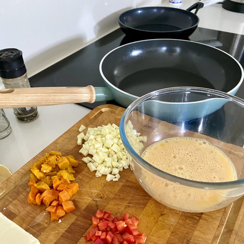 Greenpan pans with frittata ingredients
