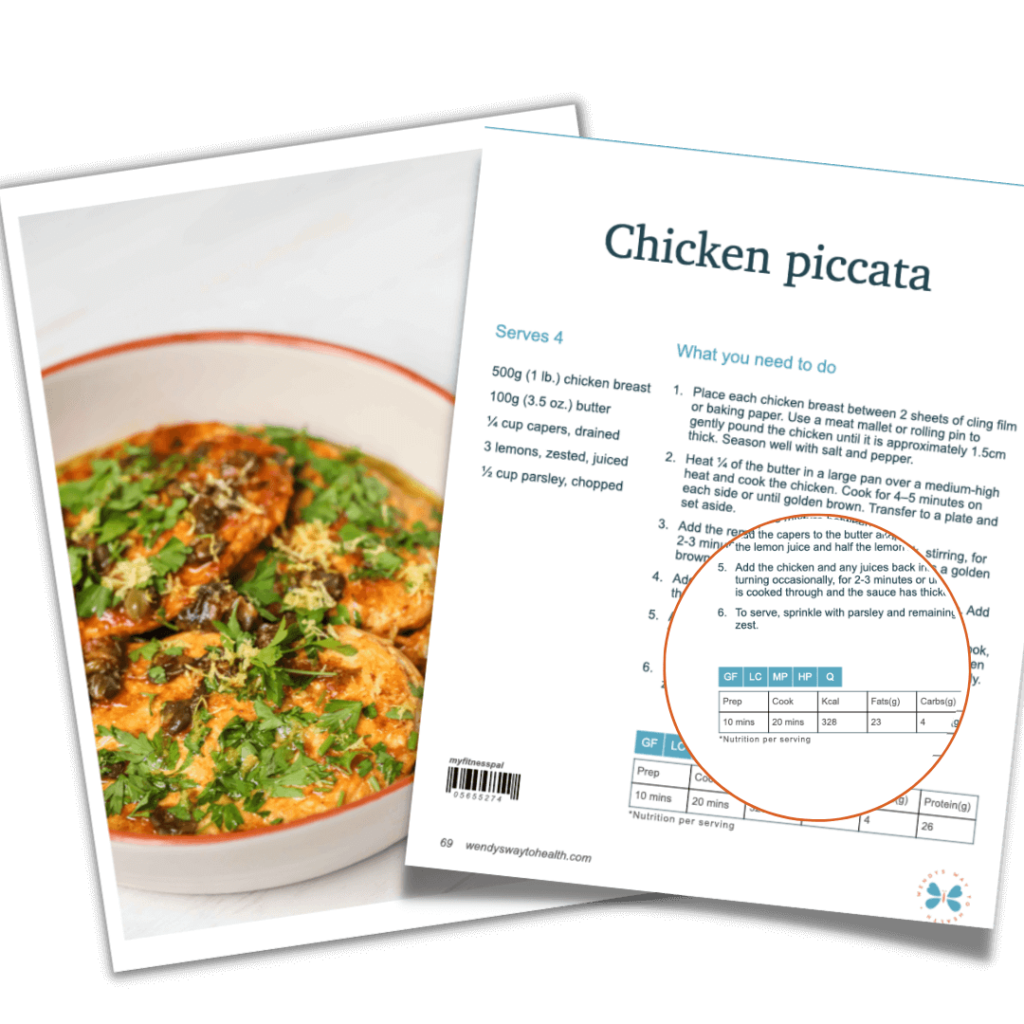 Recipe image and instructions with magnified cutout showing nutrition info 5 ingredients pack