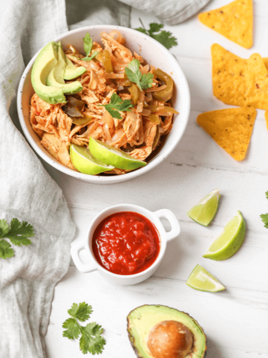 Bowl of shredded chicken with salsa dip and corn chips