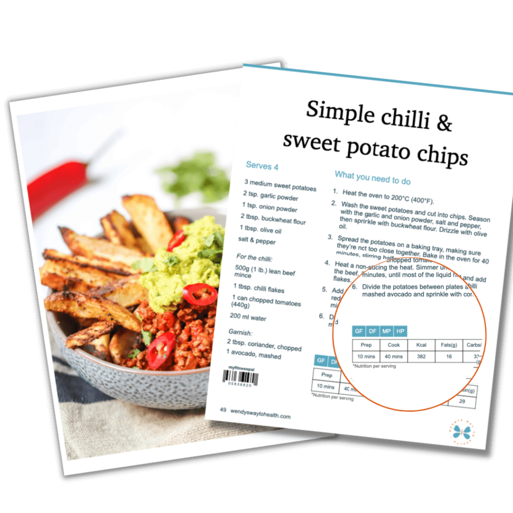 Recipe image and instructions with magnified cutout showing nutrition info high protein pack