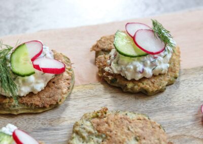 post workout potato pancakes with radish and cucumber topping