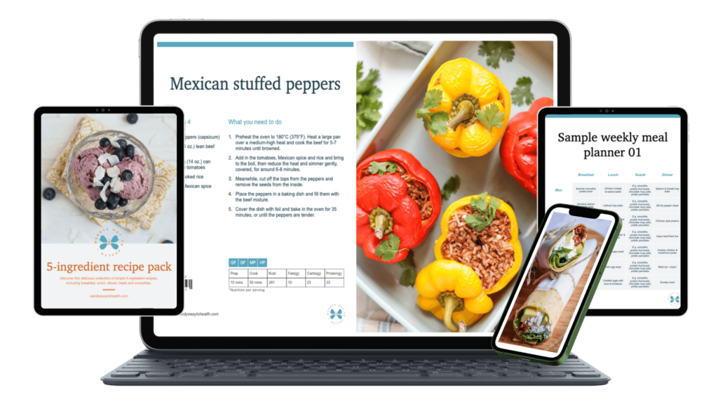 Mockup images of pages from the 5 ingredient recipe pack on laptop, iPad and mobile screens