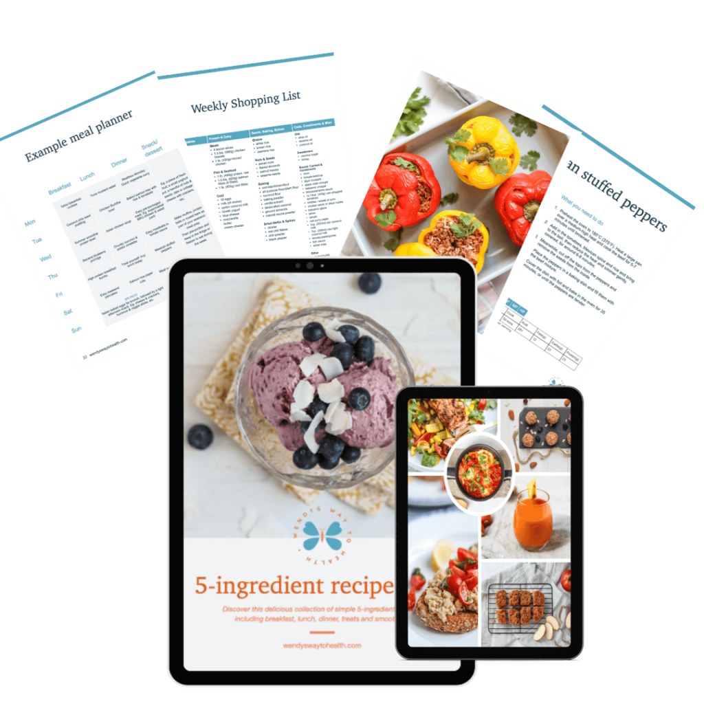 5 ingredient recipe pack cover on an iPad surrounded by pages