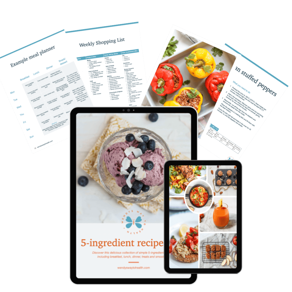 5 ingredient recipe pack cover on iPad, with pages displayed around it