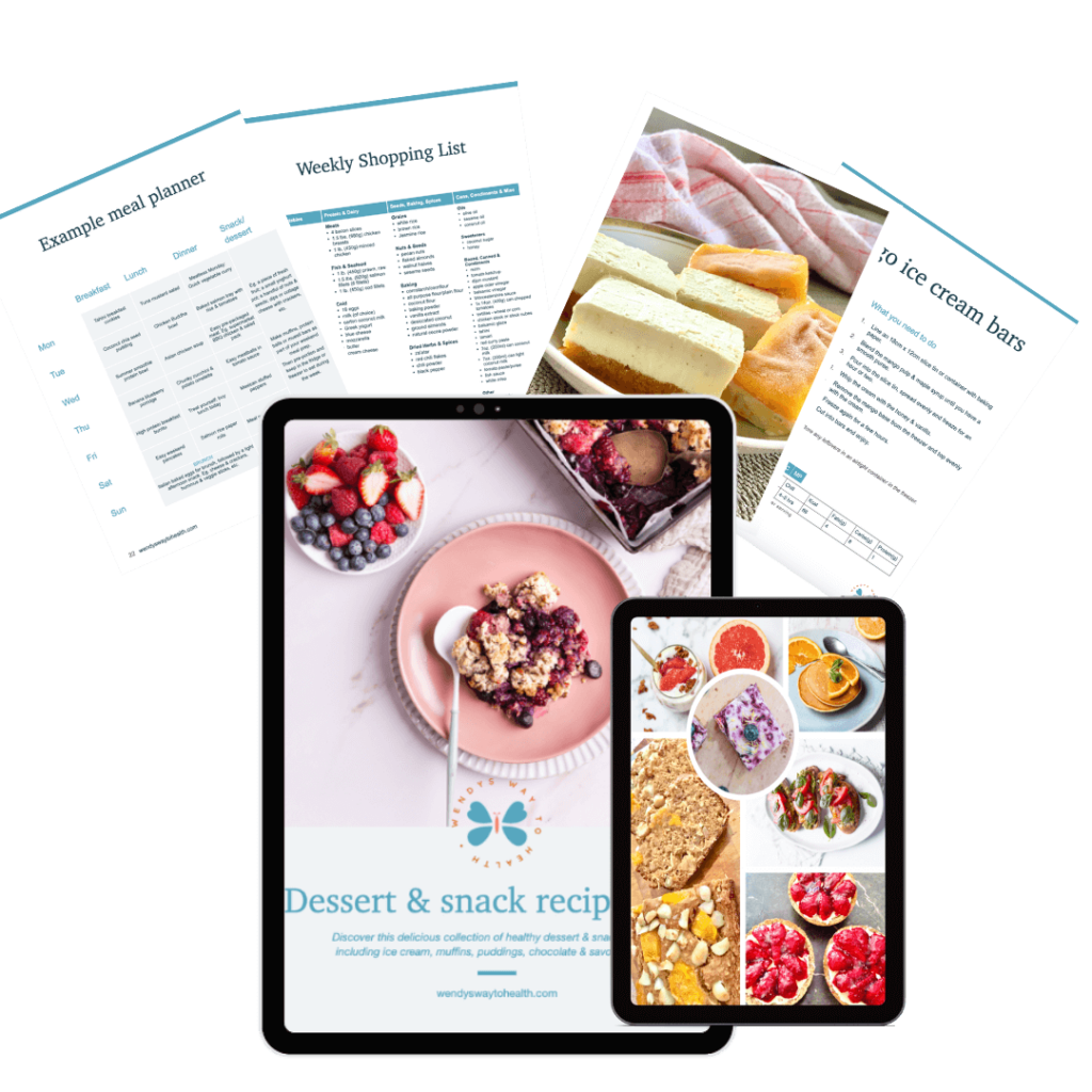 Dessert and snacks recipe pack cover on an iPad surrounded by pages