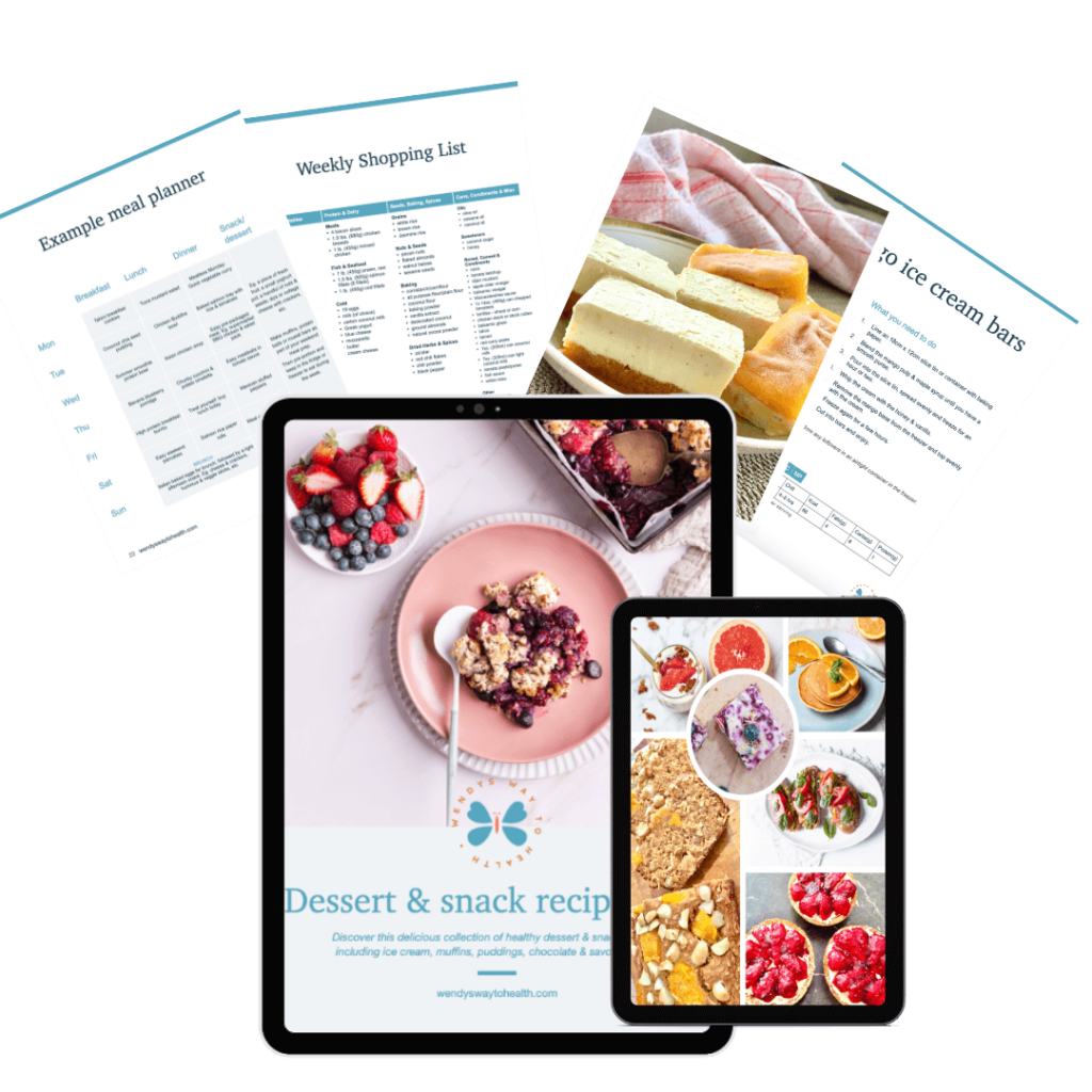 Dessert and snack recipe pack cover on iPad, with pages displayed around it